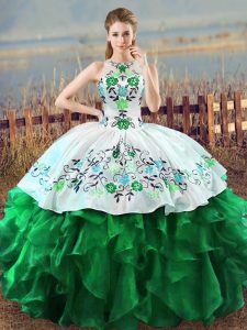 Simple Green Ball Gowns Embroidery and Ruffles Ball Gown Prom Dress Lace Up Organza Sleeveless Floor Length