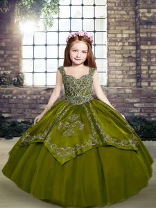 Perfect Olive Green Lace Up Pageant Gowns For Girls Beading and Embroidery Sleeveless Floor Length
