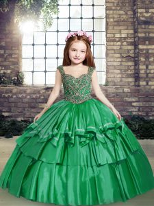Custom Designed Green Ball Gowns Taffeta Straps Sleeveless Beading Floor Length Lace Up Little Girls Pageant Gowns