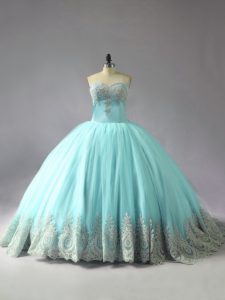 Graceful Blue Sweetheart Lace Up Appliques Quinceanera Dress Court Train Sleeveless