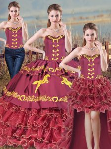 Dazzling Burgundy Satin and Organza Lace Up Sweet 16 Dress Sleeveless Brush Train Embroidery and Ruffles