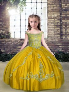 Custom Designed Olive Green Ball Gowns Tulle Off The Shoulder Sleeveless Beading Floor Length Lace Up Little Girls Pageant Dress Wholesale