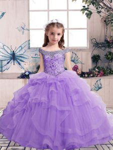  Lavender Off The Shoulder Neckline Beading and Ruffles Little Girl Pageant Dress Sleeveless Lace Up