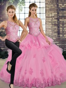  Rose Pink Lace Up Scoop Lace and Embroidery and Ruffles Sweet 16 Dresses Tulle Sleeveless