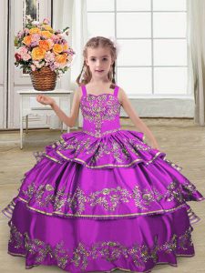  Straps Sleeveless Satin Kids Pageant Dress Embroidery and Ruffled Layers Lace Up