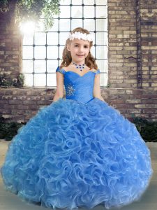  Blue Sleeveless Beading and Ruching Floor Length Girls Pageant Dresses