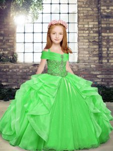  Sleeveless Organza Floor Length Lace Up Little Girls Pageant Dress in with Beading and Ruffles