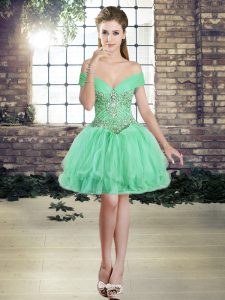 Custom Design Mini Length Apple Green Dress for Prom Tulle Sleeveless Beading and Ruffles