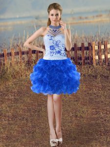  Mini Length Blue And White Prom Dresses Halter Top Sleeveless Lace Up