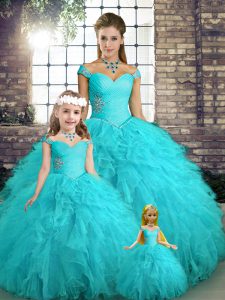 Traditional Sleeveless Tulle Floor Length Lace Up Quinceanera Dresses in Aqua Blue with Beading and Ruffles