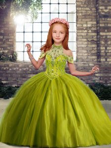  Olive Green Tulle Lace Up Pageant Gowns For Girls Sleeveless Floor Length Beading