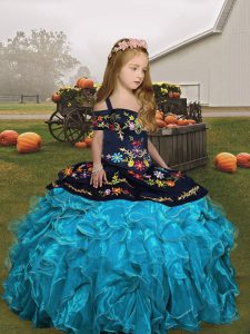 Classical Organza Straps Sleeveless Lace Up Embroidery and Ruffles Pageant Gowns For Girls in Aqua Blue