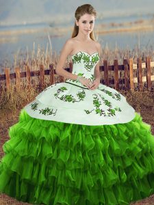  Green Organza Lace Up Sweet 16 Dresses Sleeveless Floor Length Embroidery and Ruffled Layers and Bowknot