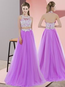 Glorious Lavender Quinceanera Court of Honor Dress Wedding Party with Lace Halter Top Sleeveless Zipper