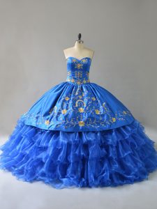  Royal Blue Quinceanera Gown Sweet 16 and Quinceanera with Embroidery and Ruffles Sweetheart Sleeveless Lace Up