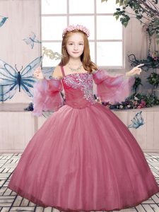 Graceful Straps Sleeveless Little Girl Pageant Dress Floor Length Beading Pink Tulle
