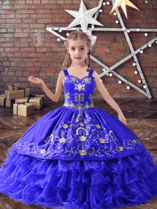  Embroidery and Ruffled Layers Pageant Gowns For Girls Blue Lace Up Sleeveless Floor Length