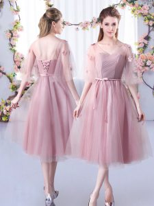 Sweet Pink Sleeveless Tea Length Lace and Belt Lace Up Vestidos de Damas