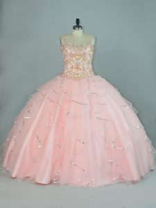  Floor Length Lace Up 15 Quinceanera Dress Peach for Sweet 16 and Quinceanera with Beading and Ruffles
