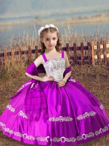 Sweet Fuchsia Lace Up Little Girl Pageant Gowns Beading and Embroidery Sleeveless Floor Length