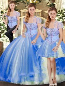 Custom Designed Blue Strapless Lace Up Beading and Ruffles Quinceanera Gown Sleeveless