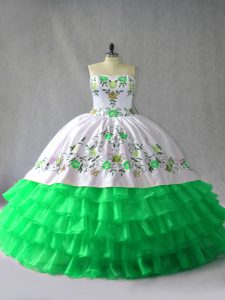 Ideal Green Sleeveless Embroidery and Ruffled Layers Floor Length Ball Gown Prom Dress
