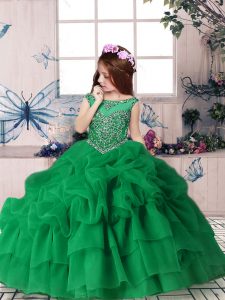 Fashionable Green Sleeveless Organza Zipper Kids Pageant Dress for Party and Military Ball and Wedding Party