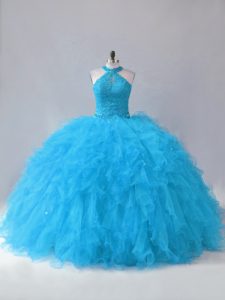 Captivating Blue Tulle Lace Up 15 Quinceanera Dress Sleeveless Floor Length Beading and Ruffles