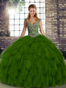  Organza Straps Sleeveless Lace Up Beading and Ruffles 15th Birthday Dress in Olive Green