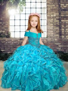 Cute Straps Sleeveless Lace Up Little Girl Pageant Gowns Aqua Blue Organza