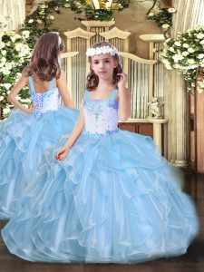 Great Baby Blue Ball Gowns Beading and Ruffles Little Girl Pageant Gowns Lace Up Organza Sleeveless Floor Length