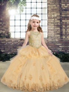 Sleeveless Lace Up Floor Length Appliques Girls Pageant Dresses