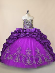 Beautiful Sweetheart Sleeveless Sweet 16 Dress Brush Train Beading and Pick Ups Purple Taffeta and Tulle
