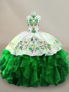  Organza Halter Top Sleeveless Lace Up Embroidery and Ruffles 15th Birthday Dress in Green