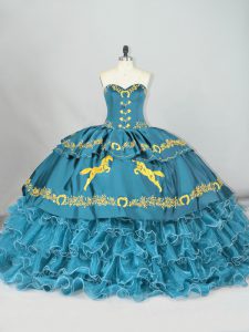 Fashion Teal Sleeveless Embroidery and Ruffled Layers Lace Up Sweet 16 Dress