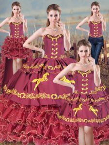 Delicate Burgundy Lace Up Vestidos de Quinceanera Embroidery and Ruffles Sleeveless Brush Train