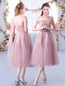  Pink Sleeveless Tea Length Appliques and Belt Lace Up Court Dresses for Sweet 16