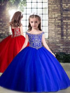 New Arrival Royal Blue Ball Gowns Tulle Off The Shoulder Sleeveless Beading Floor Length Lace Up Girls Pageant Dresses