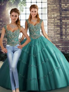  Teal Tulle Lace Up Quinceanera Gown Sleeveless Floor Length Beading and Appliques