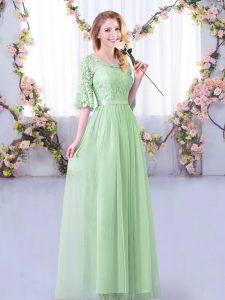  Apple Green Empire Lace and Belt Damas Dress Side Zipper Tulle Half Sleeves Floor Length