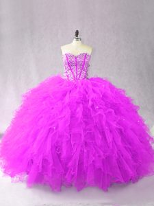 Modern Purple Ball Gowns Tulle Sweetheart Sleeveless Beading and Ruffles Floor Length Lace Up Sweet 16 Quinceanera Dress