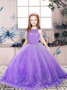  Lavender Little Girls Pageant Gowns Party and Wedding Party with Lace and Appliques Scoop Sleeveless Backless