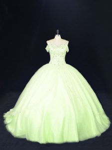 Custom Fit Yellow Green Lace Up Off The Shoulder Beading Quinceanera Dress Tulle Sleeveless Court Train