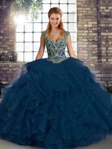  Straps Sleeveless Lace Up Ball Gown Prom Dress Blue Tulle