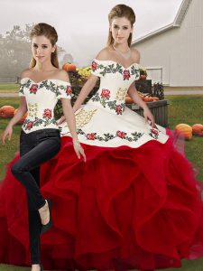 Custom Design White And Red Two Pieces Embroidery and Ruffles 15 Quinceanera Dress Lace Up Tulle Sleeveless Floor Length
