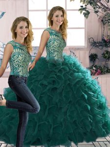 Custom Fit Scoop Sleeveless 15 Quinceanera Dress Floor Length Beading and Ruffles Peacock Green Organza