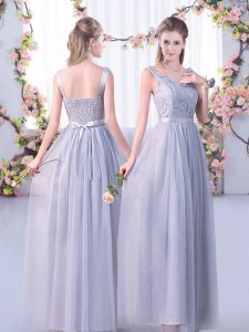 Custom Designed Sleeveless Side Zipper Floor Length Lace and Belt Damas Dress