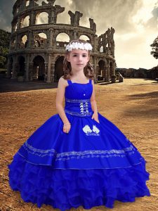  Royal Blue Satin and Organza Zipper Kids Formal Wear Sleeveless Floor Length Embroidery and Ruffled Layers