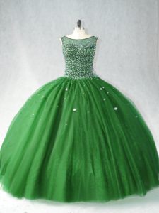 Glittering Dark Green Zipper Scoop Beading Ball Gown Prom Dress Tulle Sleeveless Brush Train