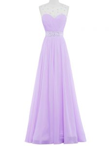 Fantastic Lavender Empire Scoop Sleeveless Chiffon Floor Length Backless Beading Prom Party Dress